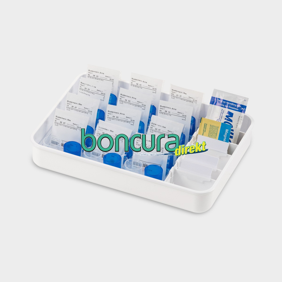 Medikamenten-Tablett mit variablen Fächern für Blistertütchen und Tropfenbecher auf einem Tablett