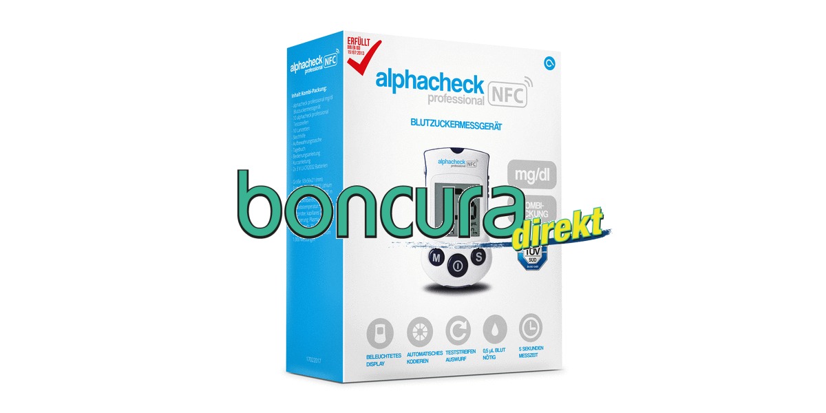 Artikelbild 1 des Artikels Blutzuckermessgerät (Set) Blutzuckermessgerät (Set) Modell: Alphacheck PROFESSIONAL NFC BZMG