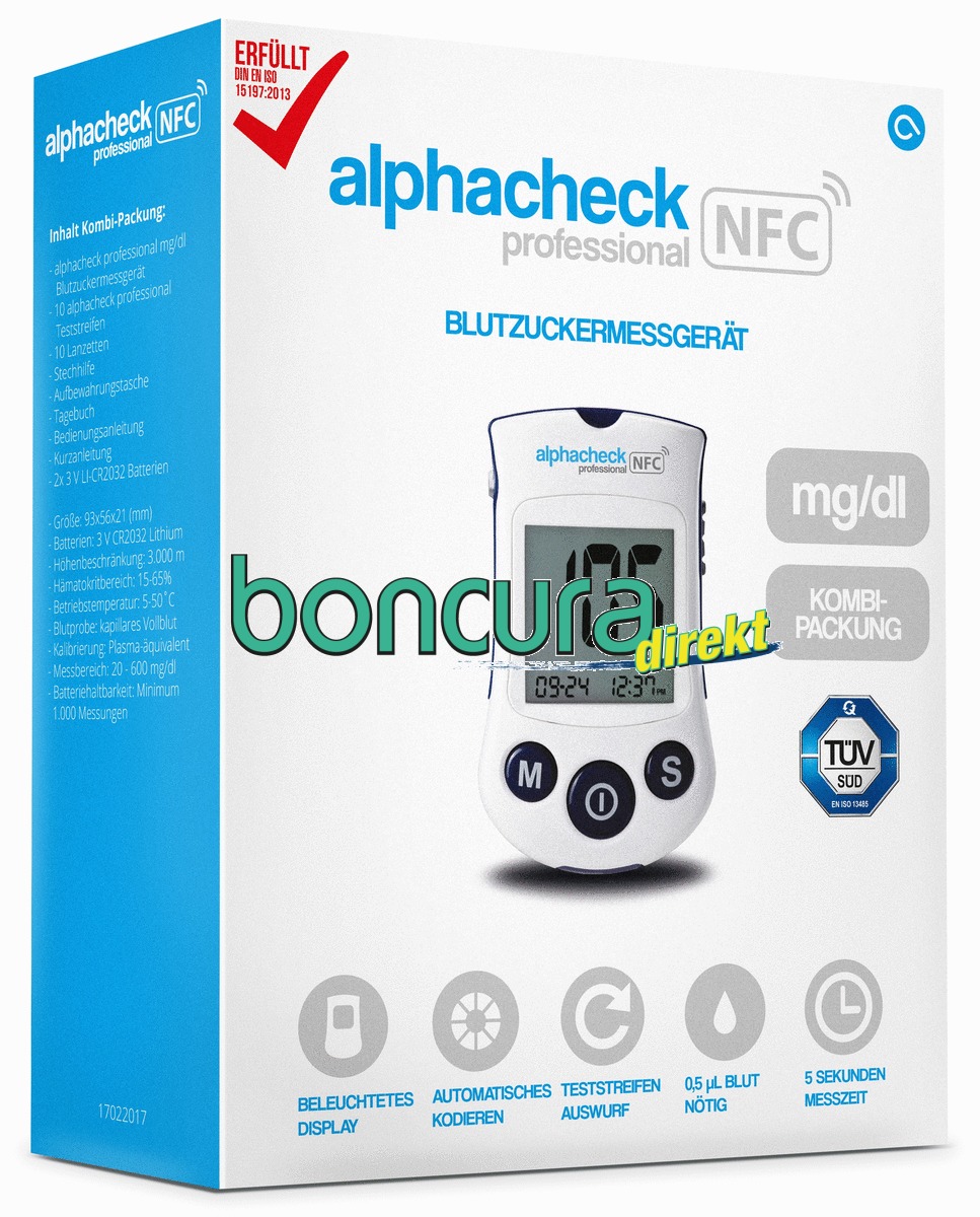 Artikelbild 2 des Artikels Blutzuckermessgerät (Set) Blutzuckermessgerät (Set) Modell: Alphacheck PROFESSIONAL NFC BZMG